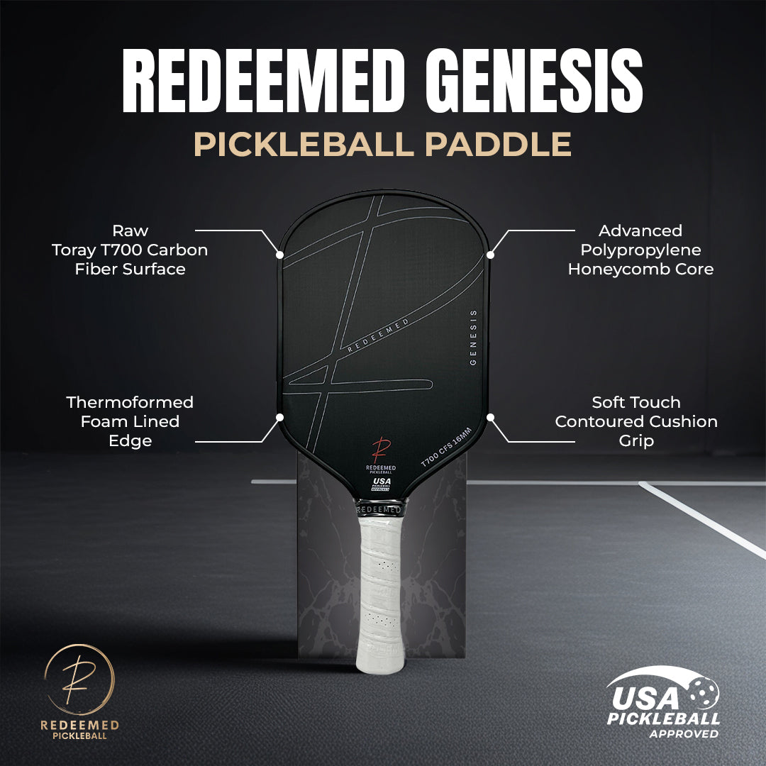 Redeemed Genesis Pickleball Paddle featuring Raw Toray T700 Carbon Fiber Surface, Advanced Polypropylene Honeycomb Core, Thermoformed Foam Lined Edge, and Soft Touch Contoured Cushion Grip – USA Pickleball Approved
