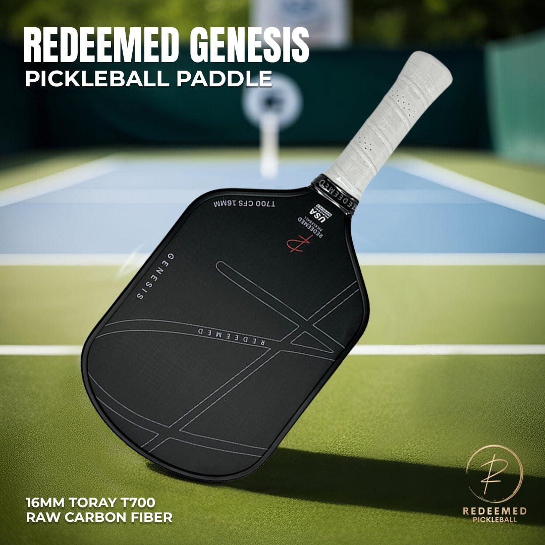 Redeemed Genesis Pickleball Paddle with 16mm Toray T700 Raw Carbon Fiber construction and white cushion grip, USA approved, displayed on outdoor pickleball court