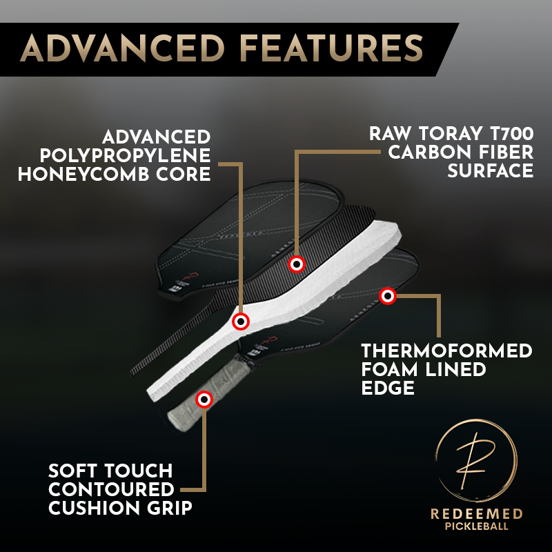 REDEEMED GENESIS 16MM TORAY T700 RAW CARBON FIBER THERMOFORMED PRO PICKLEBALL PADDLE W/ CASE