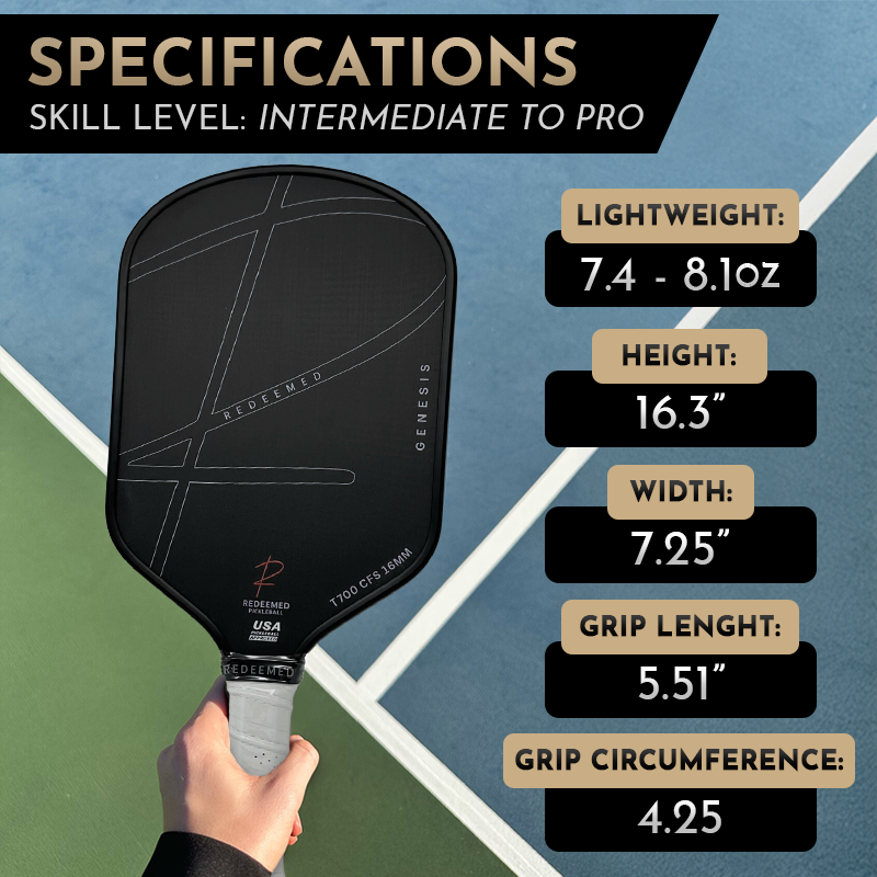 REDEEMED GENESIS 16MM TORAY T700 RAW CARBON FIBER THERMOFORMED PRO PICKLEBALL PADDLE W/ CASE