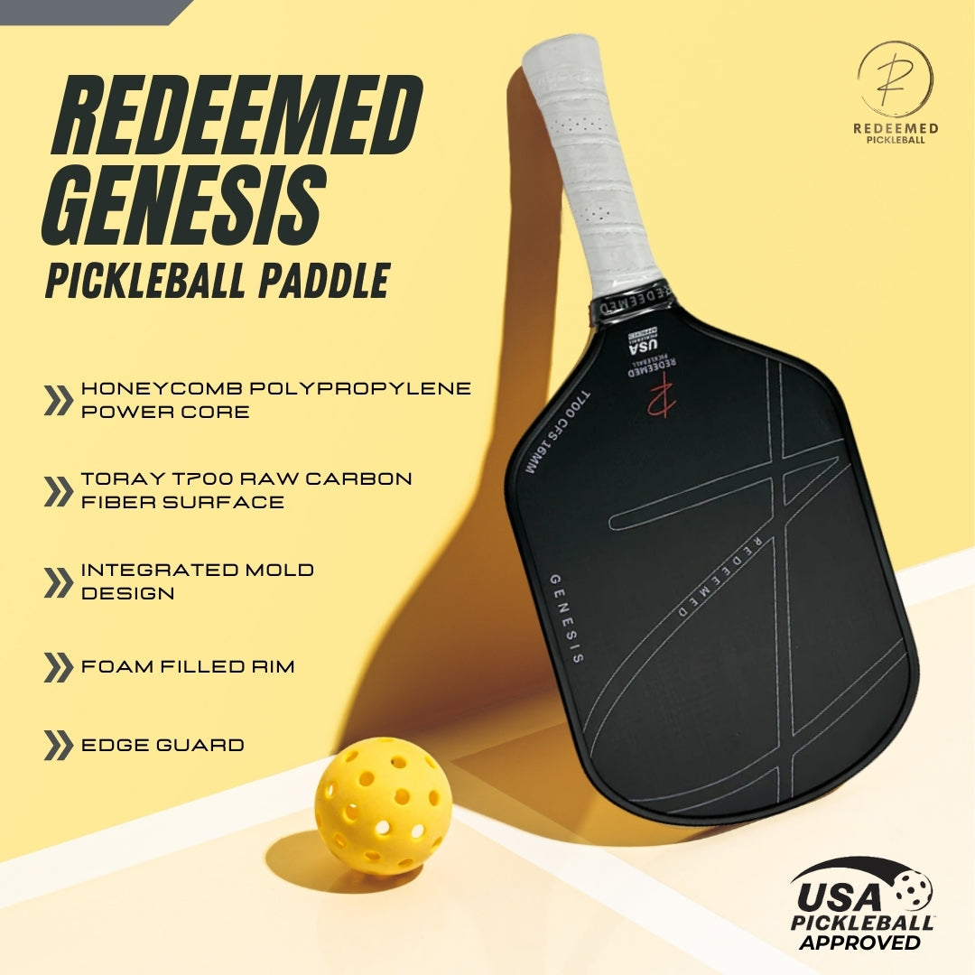 Redeemed Genesis Pickleball Paddle with Honeycomb Polypropylene Power Core, Toray T700 Raw Carbon Fiber Surface, Integrated Mold Design, Foam Filled Rim, and Edge Guard – USA Pickleball Approved, shown with yellow pickleball