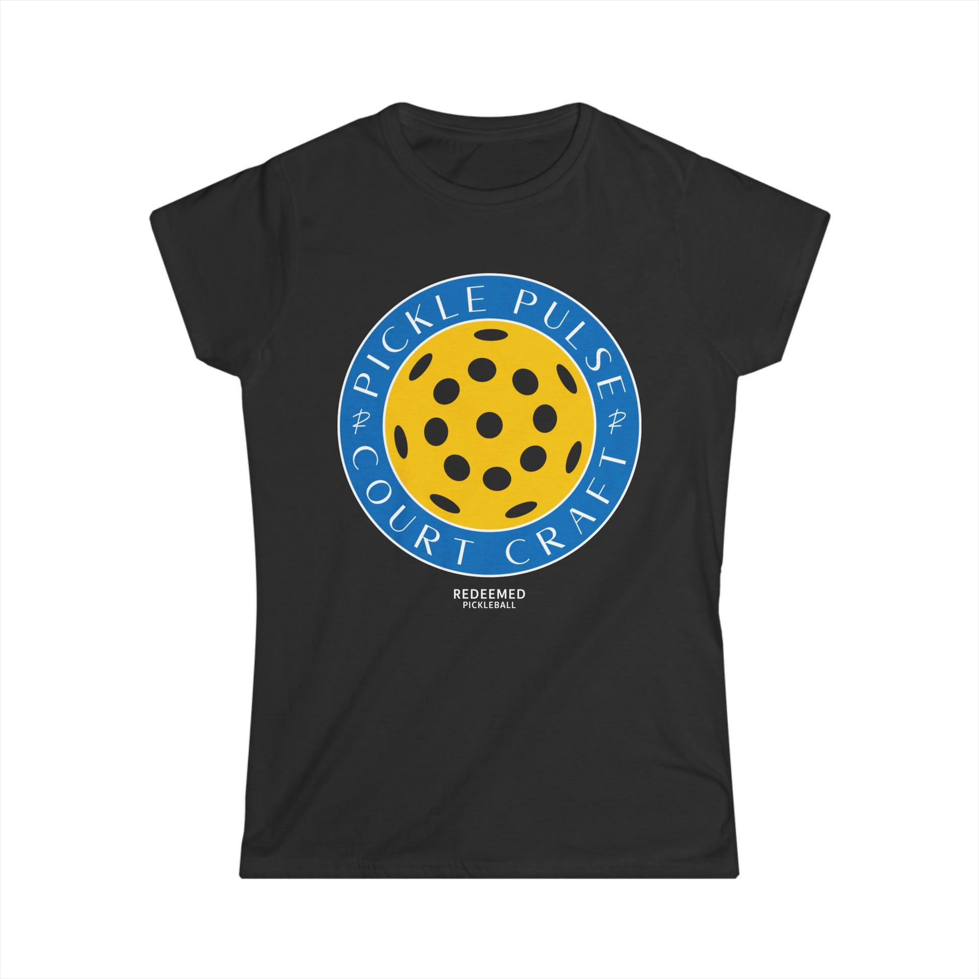 Black women's t-shirt with a vibrant graphic of a pickleball and text related to the sport.