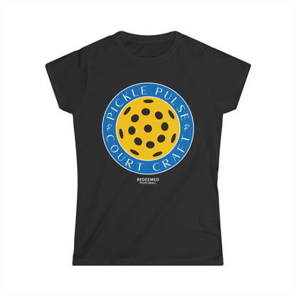 Black women's t-shirt with a vibrant graphic of a pickleball and text related to the sport.