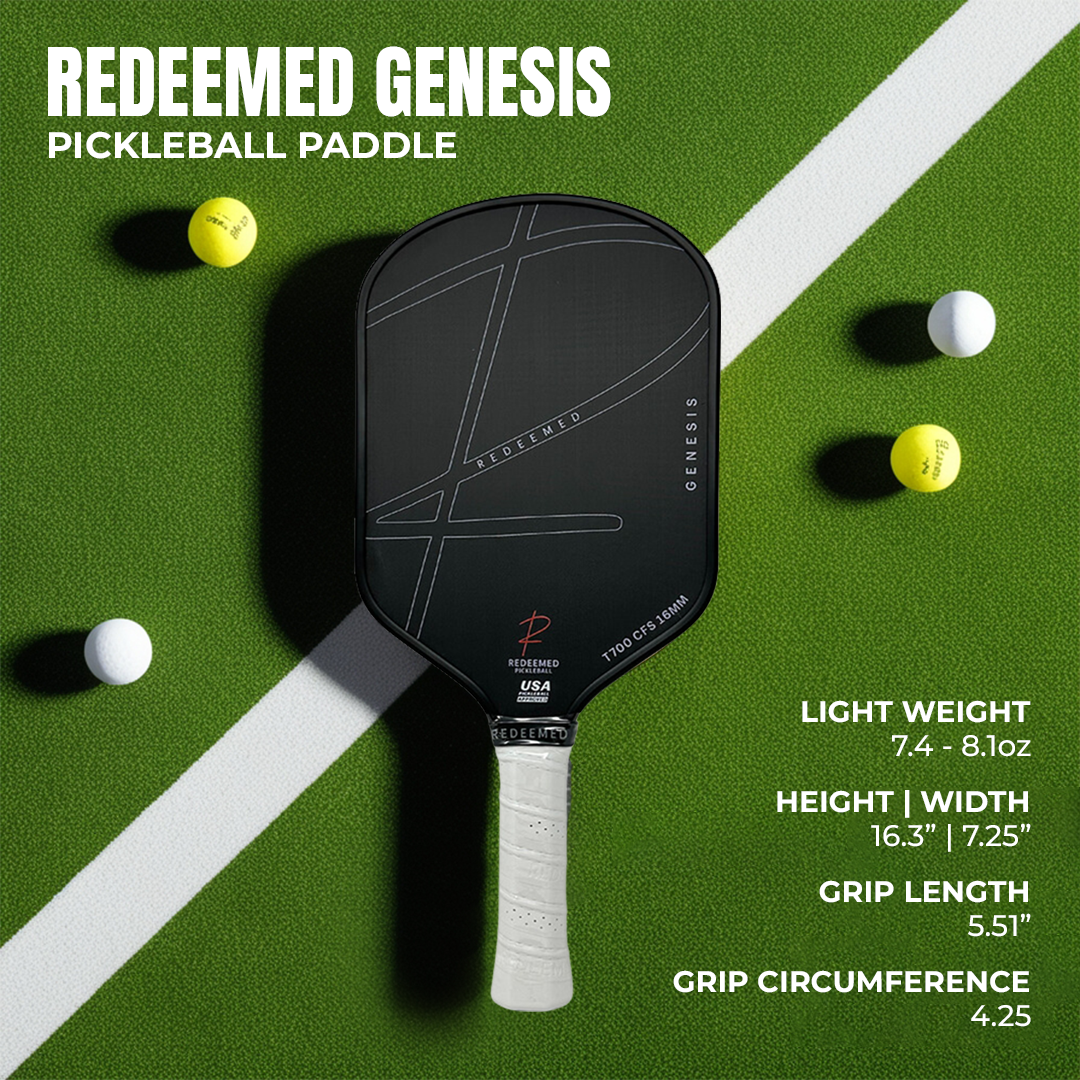 Redeemed Genesis Pickleball Paddle in black with geometric design, USA approved, lightweight 7.4–8.1oz, 16.3" x 7.25" dimensions, 5.51" grip length, displayed on green pickleball court